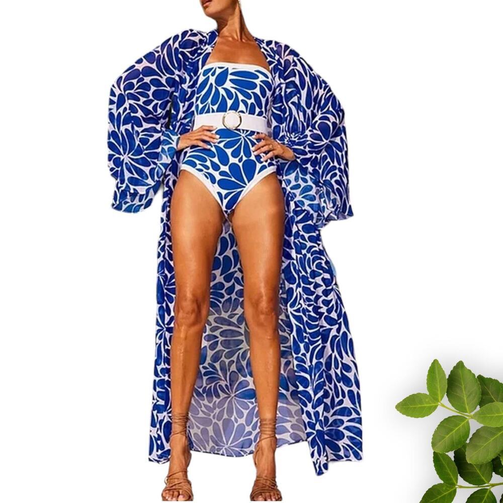 Blue‎ One-Piece Swimsuit and Jacket Set Features Stunning Vintage Print